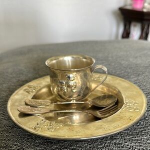 Antique Vintage Elegant Silver Teddy Bear Tea Set